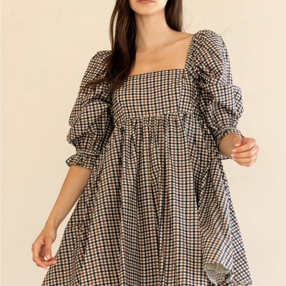 Gingham Checkered Pattern Puff Sleeve Mini Dress - image 2